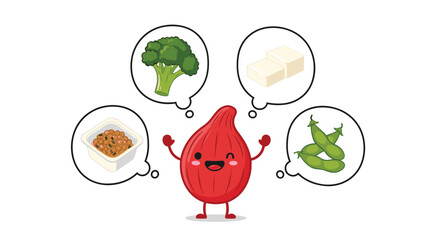 A cheerful red beet character contemplates healthy food choices including broccoli, tofu, edamame, and quinoa in thought bubbles, promoting nutritious eating.