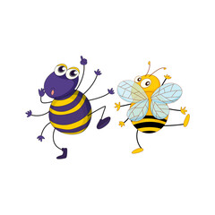 Funny cartoon bee and spider dancing and having fun together isolated on white background