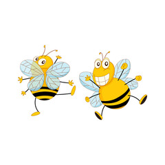 Two adorable cartoon bees with happy faces, dancing and spreading joy in their flight