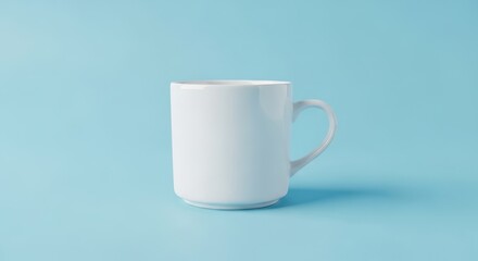Creative white mug on blue background product photography minimalist style studio environment focus on design
