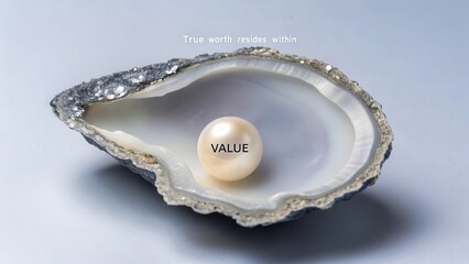 A luminous pearl with the word VALUE inscribed rests within an open oyster shell, symbolizing inner worth.
