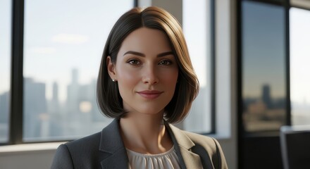 Professional woman in modern office business portrait urban environment bright view empowerment concept