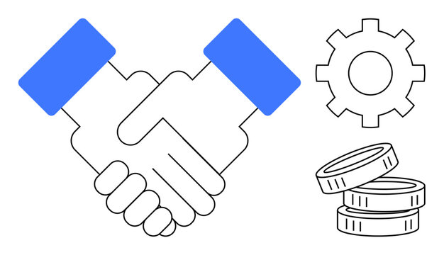 Two hands shaking symbolizing partnership, gear icon emphasizing teamwork and innovation, and stacked coins representing financial success. Ideal for business, collaboration, teamwork, innovation