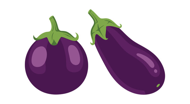 Two vibrant purple eggplants are displayed against a clean white background, showcasing their smooth skin and fresh green stems, perfect for culinary or nutritional illustrations.