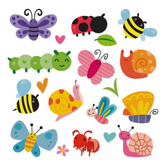 Adorable collection of cute cartoon garden insects and bugs like butterflies, snails, and bees
