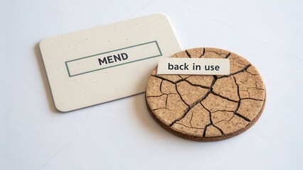 A cracked coaster with a 'Mend' card and 'back in use' sticker signifies repair and restoration.