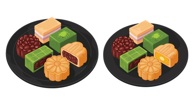 An isometric illustration of a black plate displaying a variety of traditional korean sweets and desserts, including bean paste and rice cakes.