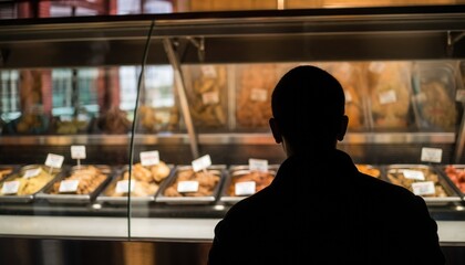 Silhouette of a Person Looking at a Display of Food Options