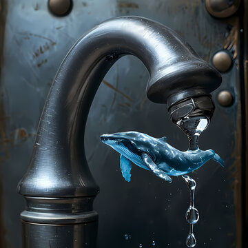 balena che nuota in una goccia d'acqua che gocciola da un rubinetto metallico, whale swimming in a drop of water dripping from a metal faucet