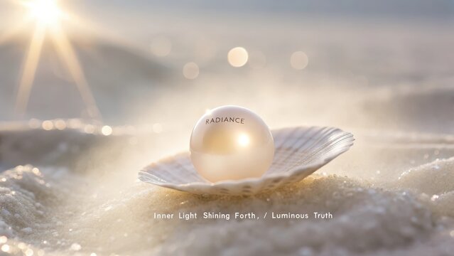A single luminous pearl rests in a seashell on the sand, bathed in soft, ethereal light. - Powered by Adobe
