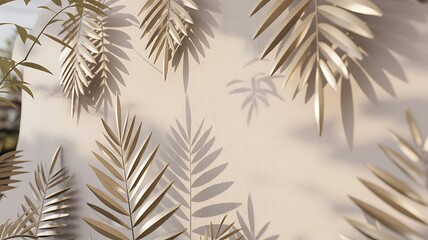 Golden palm leaves casting shadows on a beige wall in a bright and airy setting