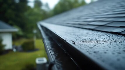 Close-up of rain-covered roof shingles and a gutter, blurred background - Powered by Adobe