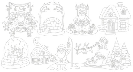 Obraz premium Santa Claus and reindeer fly through snowy night with houses