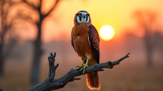 Red hawk perched on a branch at sunset in africa