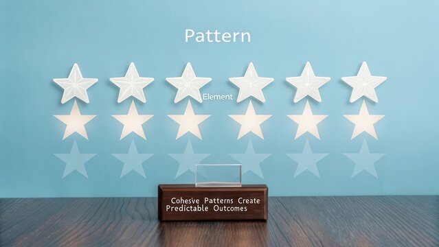 A Row of Glowing Star Elements Forming a Cohesive Pattern on a Blue Wall with a Wooden Base.