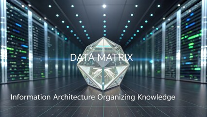 A shimmering crystal data matrix centerpiece in a modern server room, representing information architecture and knowledge organization.