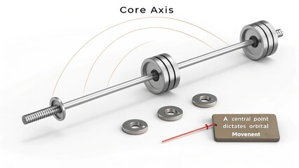 A precisely balanced metallic rod with stacked weights and discs on a clean white background, showcasing engineering and balance concepts.