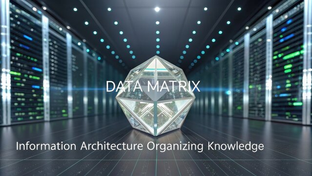 A shimmering crystal data matrix centerpiece in a modern server room, representing information architecture and knowledge organization.