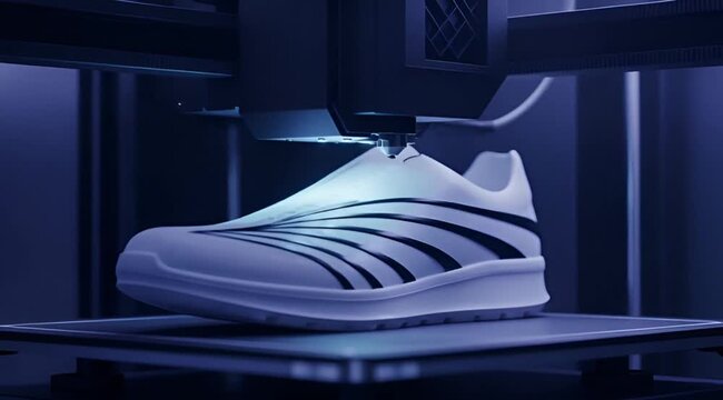 Industrial additive manufacturing scene featuring sophisticated shoe production with laser accents and smooth depth of field