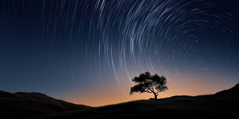Lone tree under starry night sky with stunning star trails