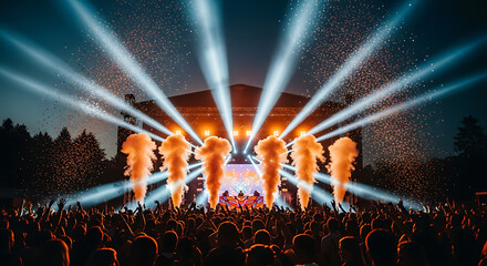 Spectacular outdoor concert illuminated by powerful stage lights and dramatic pyrotechnics creating an energetic atmosphere for a large crowd of enthusiastic attendees
