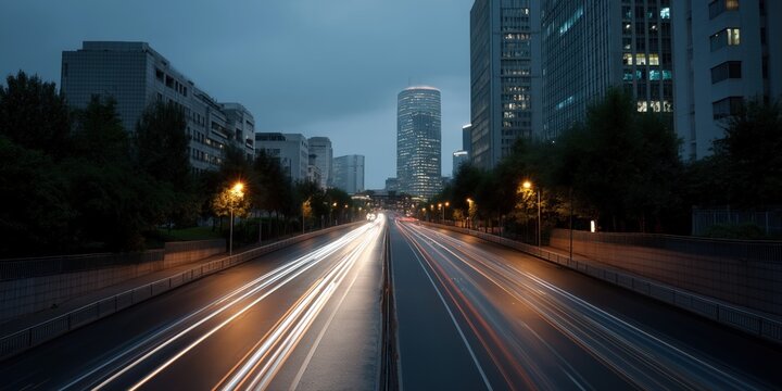 Night traffic on urban highway with skyscrapers and light trails - Powered by Adobe