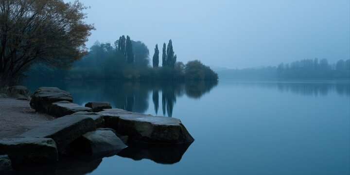 Tranquil dawn at misty lake with calm reflections and trees in the distance