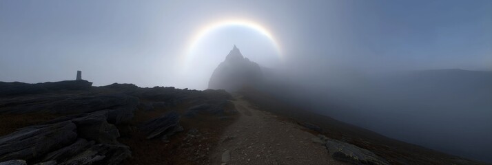 Misty mountain path with halo effect