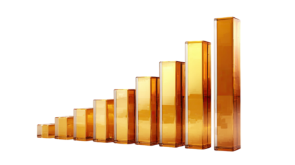 Golden translucent bar chart with rising rectangular columns showing financial growth and progress in clean 3D style isolated on white background