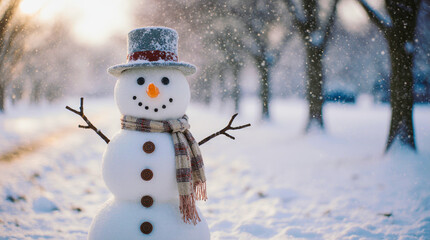 Joyful snowman wearing a scarf and top hat in a snowy park