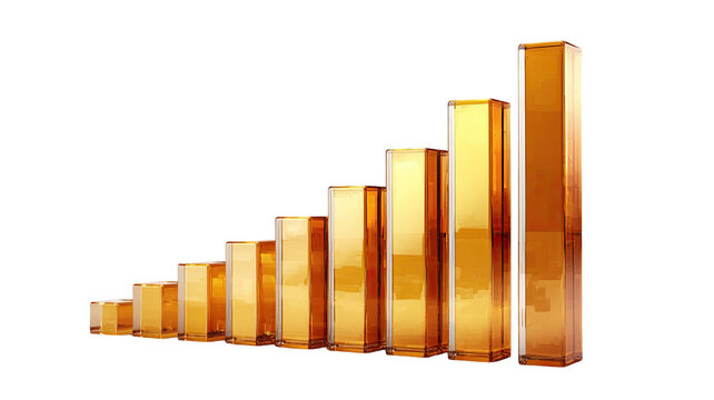 Golden translucent bar chart with rising rectangular columns showing financial growth and progress in clean 3D style isolated on white background