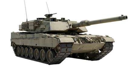 Tan military main battle tank with a long cannon and tracks, isolated on a white or transparent background, cutout, PNG