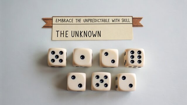 A set of seven white dice arranged on a flat surface with a banner reading The Unknown Embrace The Unpredictable With Skill, symbolizing chance and strategy.