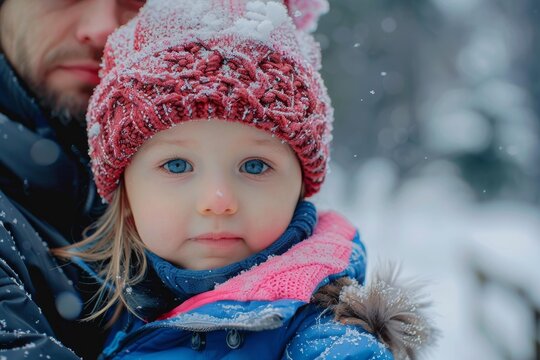 Cute toddler girl with blue eyes and a snowy knitted hat enjoys a winter day with her father