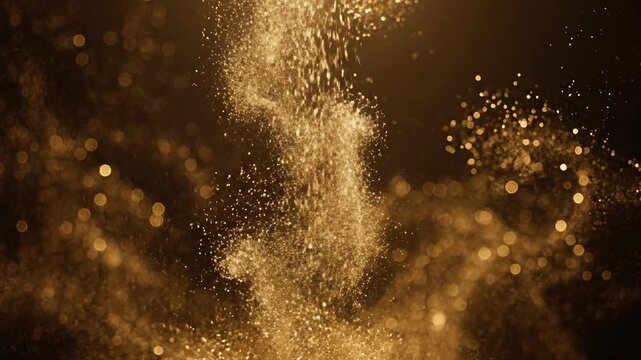 Sparkling gold glitter particles falling in a shimmering stream. Abstract luxury background with golden dust and bokeh. Festive celebration and awards concept