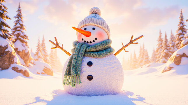 Joyful snowman in a winter wonderland with snowy trees - Powered by Adobe