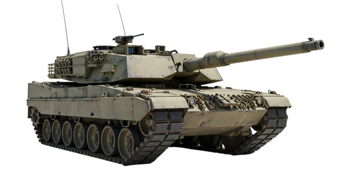 Tan military main battle tank with a long cannon and tracks, isolated on a white or transparent background, cutout, PNG
