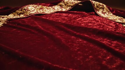 Red Velvet Drape with Gold Embroidery - This video showcases a luxurious red velvet cloth, draped with soft folds. The cloth is adorned with an ornate gold embroidery pattern along the edges. - Powered by Adobe