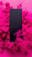 Abstract black panel framed by dense pink powder and floating particles
