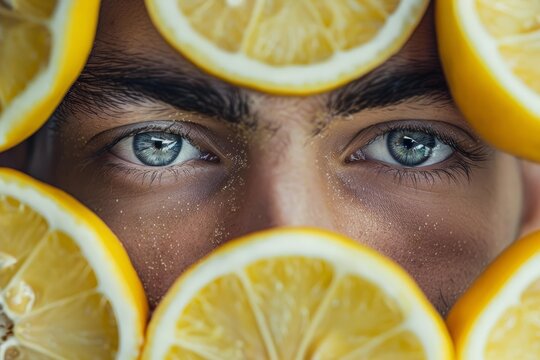 Close up of a male model with captivating blue eyes peering through a vibrant arrangement of lemon slices, showcasing a connection with nature's zest - Powered by Adobe