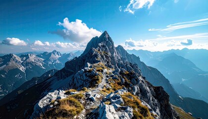 A dramatic mountain landscape featuring a rocky ridge with a hiking path winding towards a sharp, jagged peak, set against a clear blue sky with fluffy white cl
