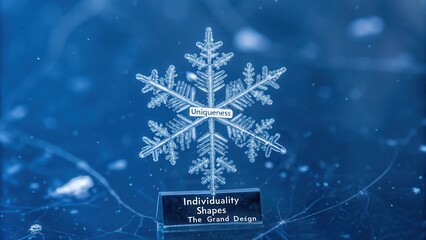 A single perfectly formed snowflake with the word 'Uniqueness' displayed, resting on a base labeled 'Individuality Shapes The Grand Design', against a soft blue background.