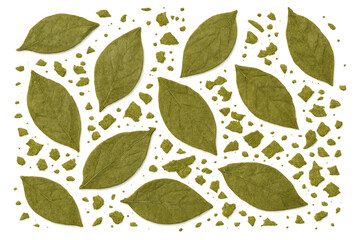 Dried whole bay leaves and crushed bay leaf pieces scattered, essential spice for gourmet cooking, transparent background