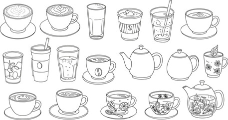 Collection of hand-drawn line art beverages and teapots with various drinks coffee