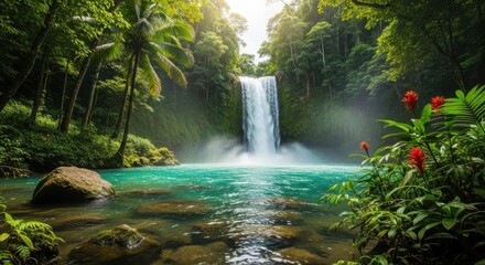 Tropical waterfall landscape with turquoise water and lush green vegetation paradise