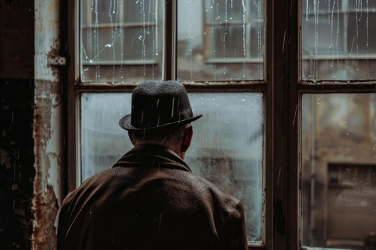 Investigator looking out of a window during a rainy day, wearing a hat and a brown coat