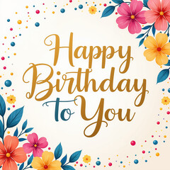 Beautiful birthday illustration with gold text on cream background, surrounded by colorful flowers, leaves, and confetti, perfect for celebrating a special day.