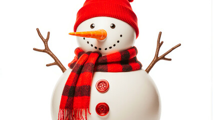 Cheerful snowman wearing a red hat and plaid scarf