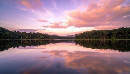 A tranquil lake mirrors a breathtaking sunset, casting hues of purple and pink across the sky and reflecting the dense forest along its banks.