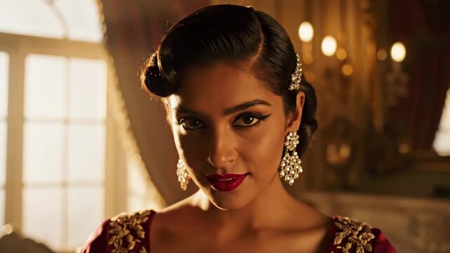 Elegant Woman with Classic Hair and Jewelry - A beautiful woman with vintage-inspired hair and makeup is captured in a medium close-up shot.